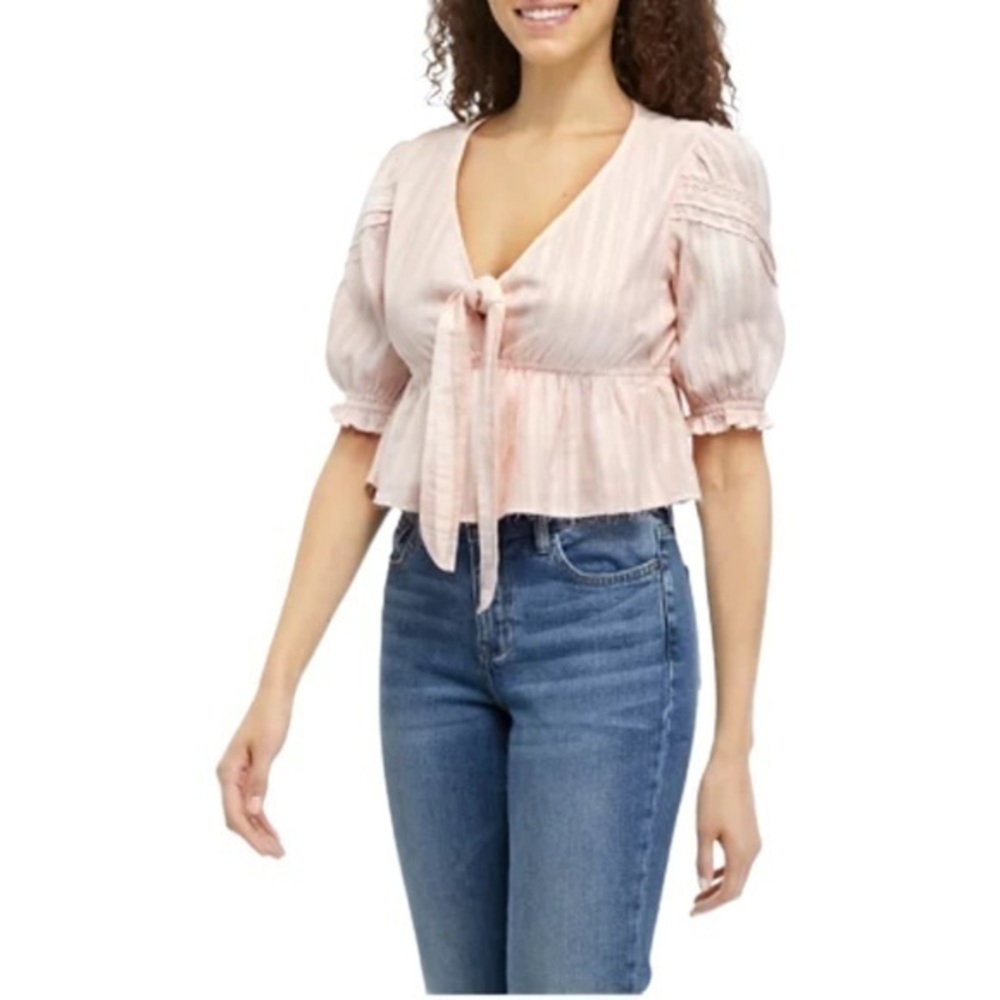 Tru Craft NWT Pink Tie Front Low V-Neck Cropped Short Puff Sleeves Top Sz XL